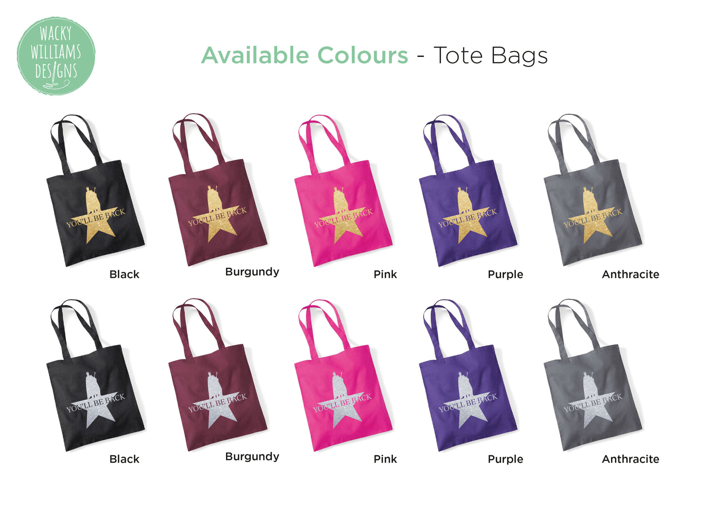 Hamilton Musical TOTE BAG, Glitter You'll be back, Musical Theatre Tote Bag
